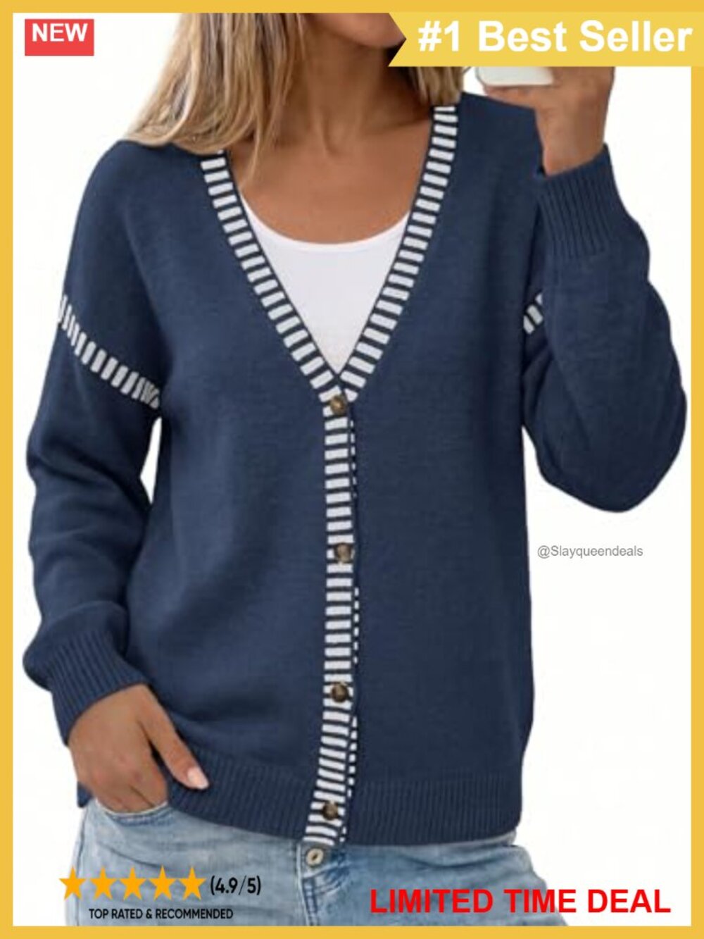 Oversized Button Front Cardigan Sweater V-Neck Stripe Trim